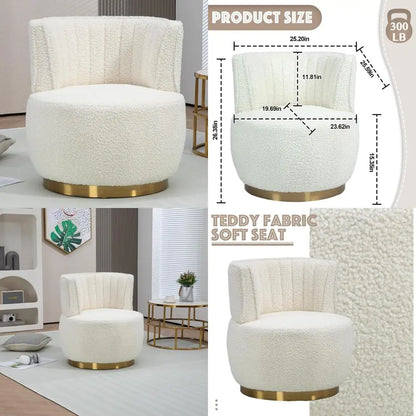 White Modern Swivel Chair, Round Upholstered Comfortable Accent Chair, Sherpa-Fabric Chair with Gold Base for Nurseries