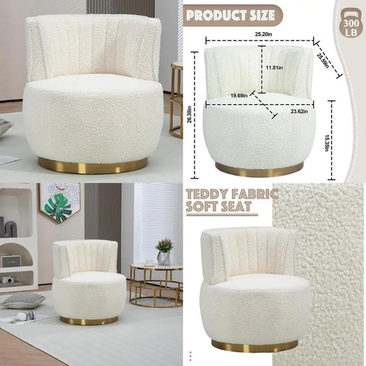 White Modern Swivel Chair, Round Upholstered Comfortable Accent Chair, Sherpa-Fabric Chair with Gold Base for Nurseries