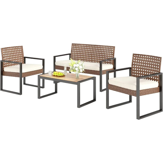 Sophia & William 4 Pieces Patio Conversation Set, Wicker Outdoor Furniture Set for 4, All Weather Outdoor Seating Set, Rattan Lo
