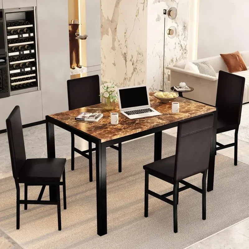Modern Dining Table Set for 4, Space-Saving Kitchen Table with 4 PU Leather Chairs
