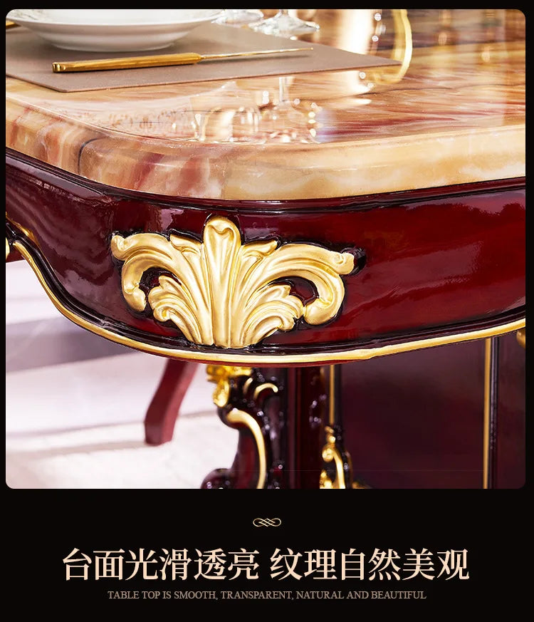 HLZ European Style Solid Wood Dining Table with Marble Top for Home Use, Villa Large Dining Table and Chair Set