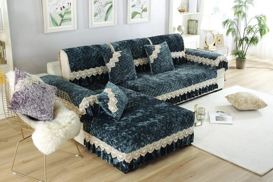 Embroidery Lace Sofa Cushion Gold Velvet Hemline Sofa Cover Autumn Winter European Couch Cover Solid Color Checkered Sofa Mat