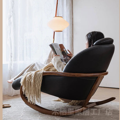 Lazy sofa pewter solid wood leather high-end lazy sofa reclining and sleeping rocking chair