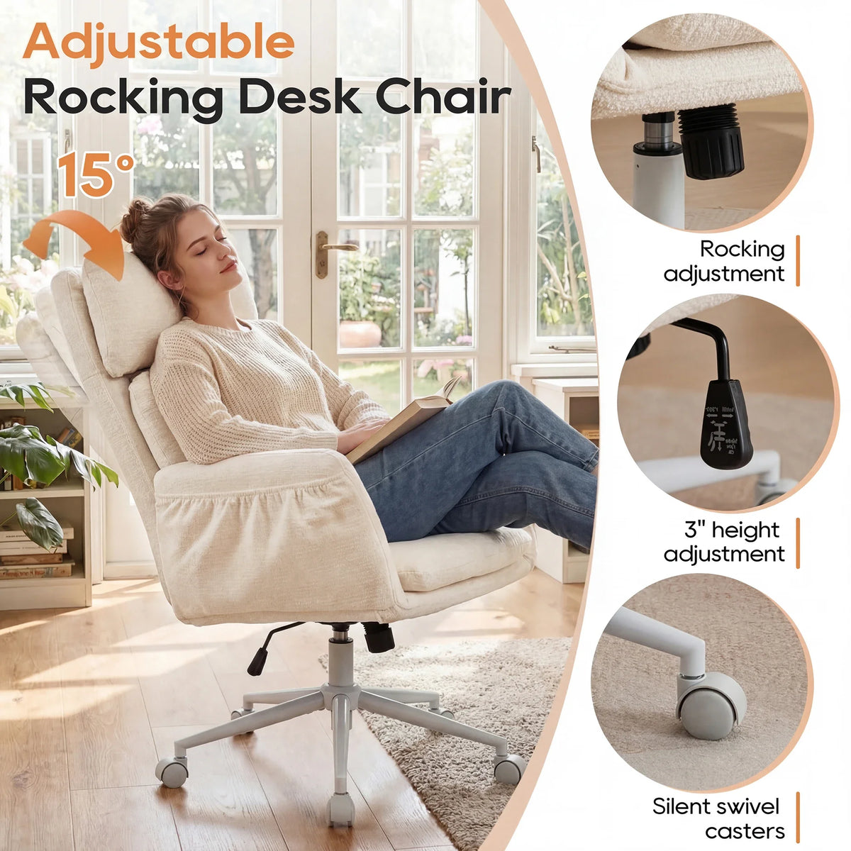TCGBKAF Beige Big&Tall Office Chair with Flip Armrests Cross Legged Office Chair with Wheels Soft Chenille Executive Chair with Adjustable Lumbar Support Ergonomic Computer Desk Chair