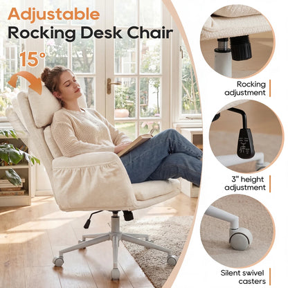 TCGBKAF Beige Big&Tall Office Chair with Flip Armrests Cross Legged Office Chair with Wheels Soft Chenille Executive Chair with Adjustable Lumbar Support Ergonomic Computer Desk Chair