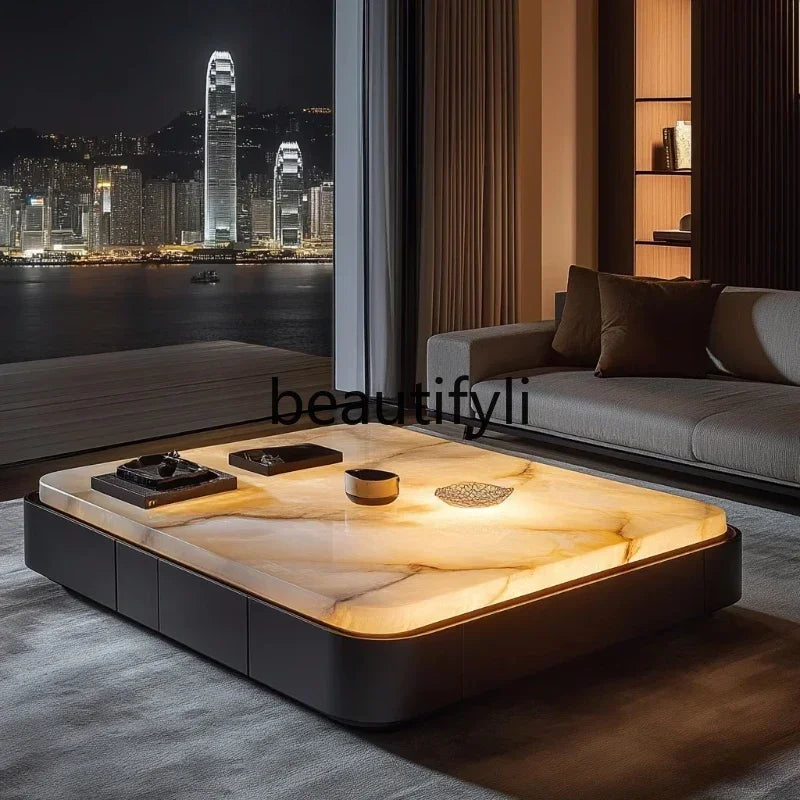 Square luxury stone leather luminous jade coffee table large flat-floor villa living room modern marble