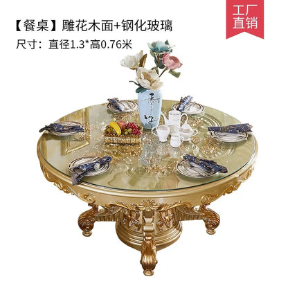A07 European dining table and chair combination glass surface classical luxury solid wood carving flower round table with turnta