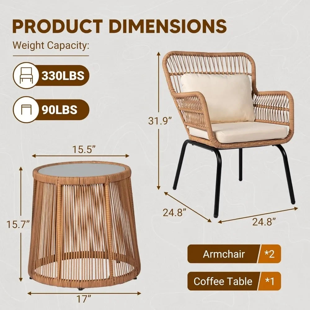 3 Piece Outdoor Wicker Bistro Set, Patio Conversation Sets w/2 Large Rattan Chairs and Tempered Glass Table, Patio Furniture