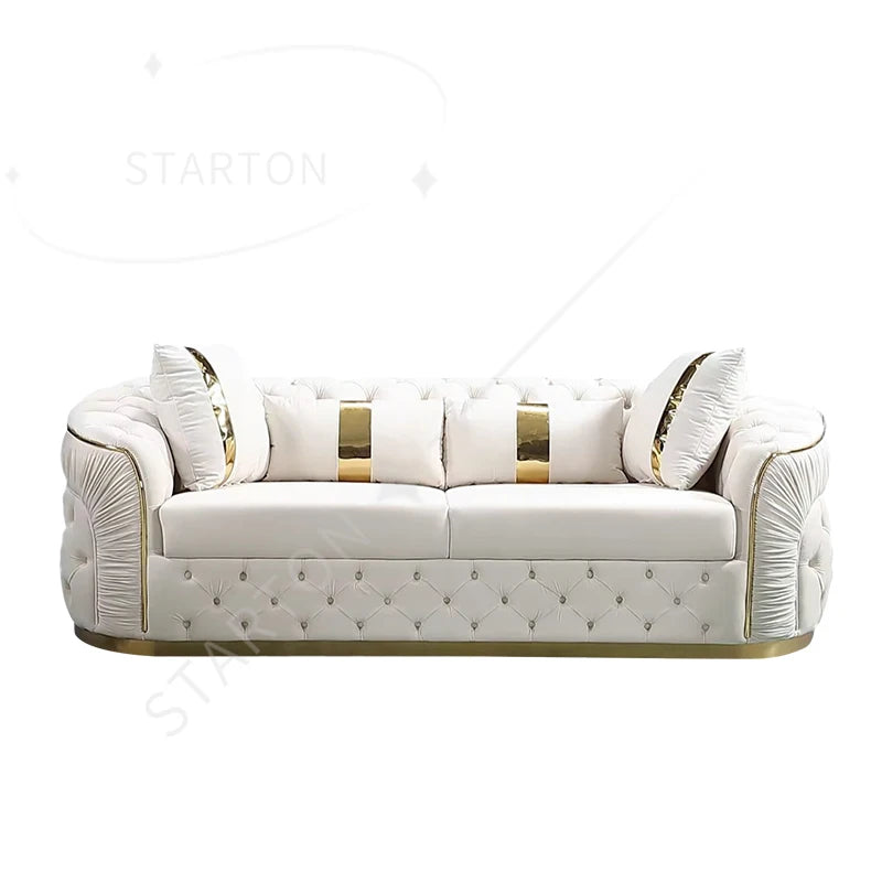 Factory Outlet European Luxury Rose Gold Leg White Chesterfield Sofa Velvet Fabric Button Tufted Living Room Couch Set Furniture