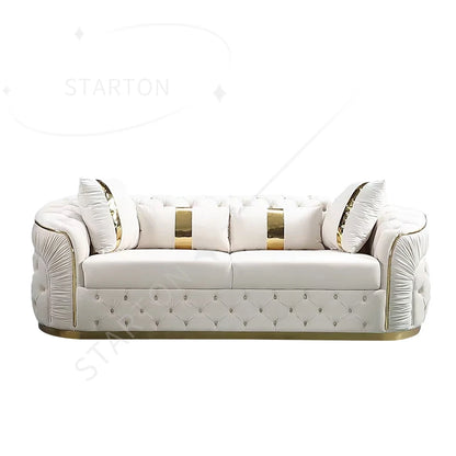 Factory Outlet European Luxury Rose Gold Leg White Chesterfield Sofa Velvet Fabric Button Tufted Living Room Couch Set Furniture
