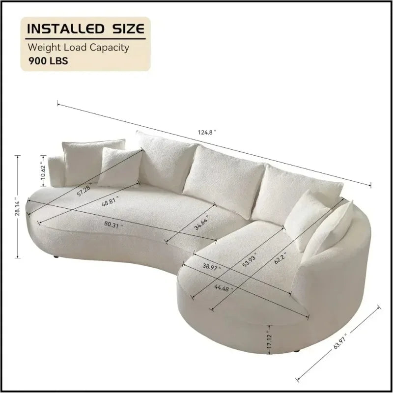 Modern Curved Sofa Couch, Upholstery Boucle Sofa With Pillows, Right Hand Facing Sectional Boucle Fabric Couch