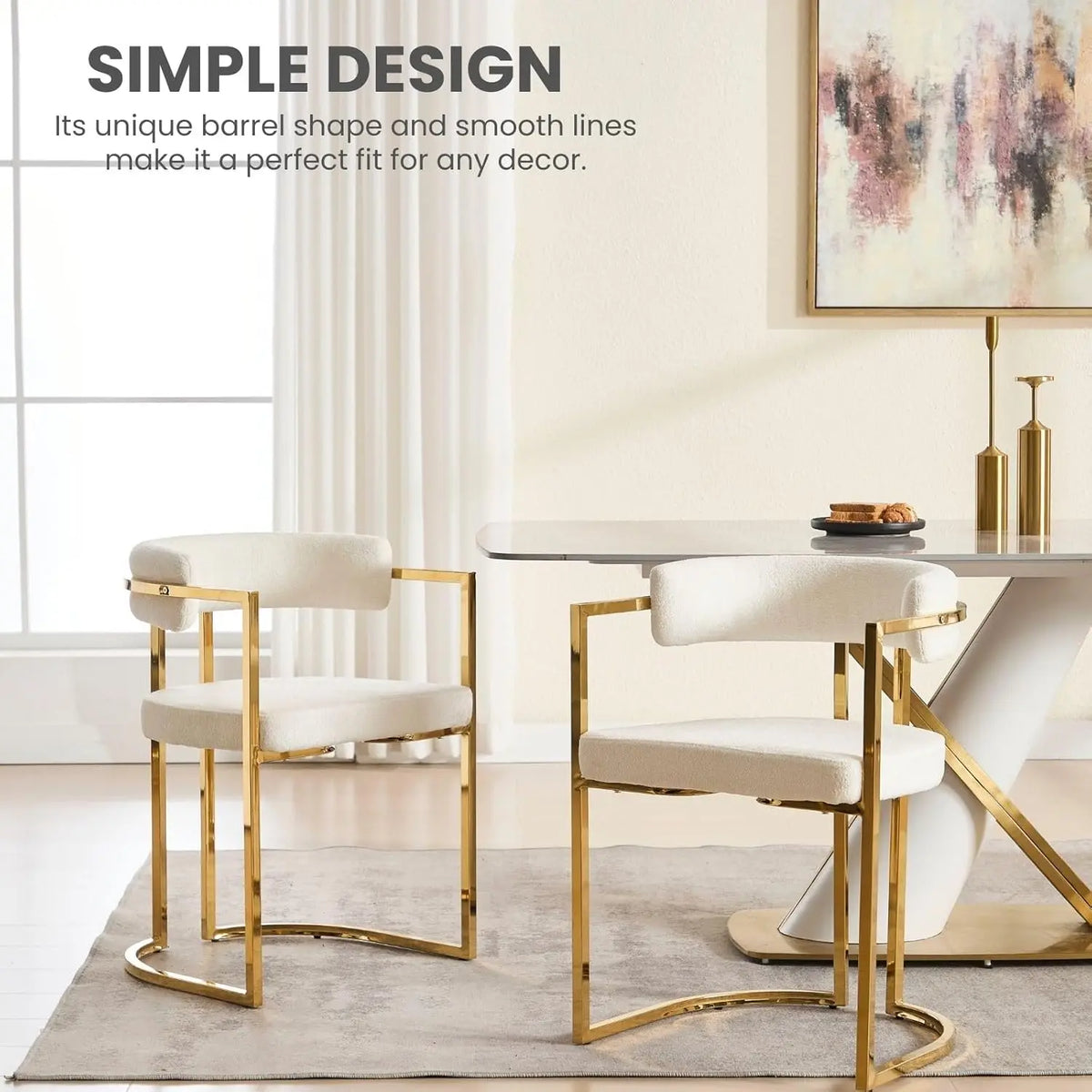 White Chenille Upholstered Dining Chairs Set of 4, Modern Dining Chair with Gold Legs, Kitchen Room Chairs Open Back Barrel Dini