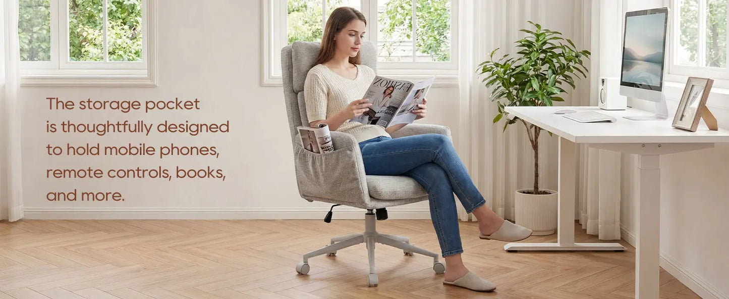 TCGBKAF Beige Big&Tall Office Chair with Flip Armrests Cross Legged Office Chair with Wheels Soft Chenille Executive Chair with Adjustable Lumbar Support Ergonomic Computer Desk Chair