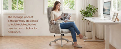 TCGBKAF Beige Big&Tall Office Chair with Flip Armrests Cross Legged Office Chair with Wheels Soft Chenille Executive Chair with Adjustable Lumbar Support Ergonomic Computer Desk Chair