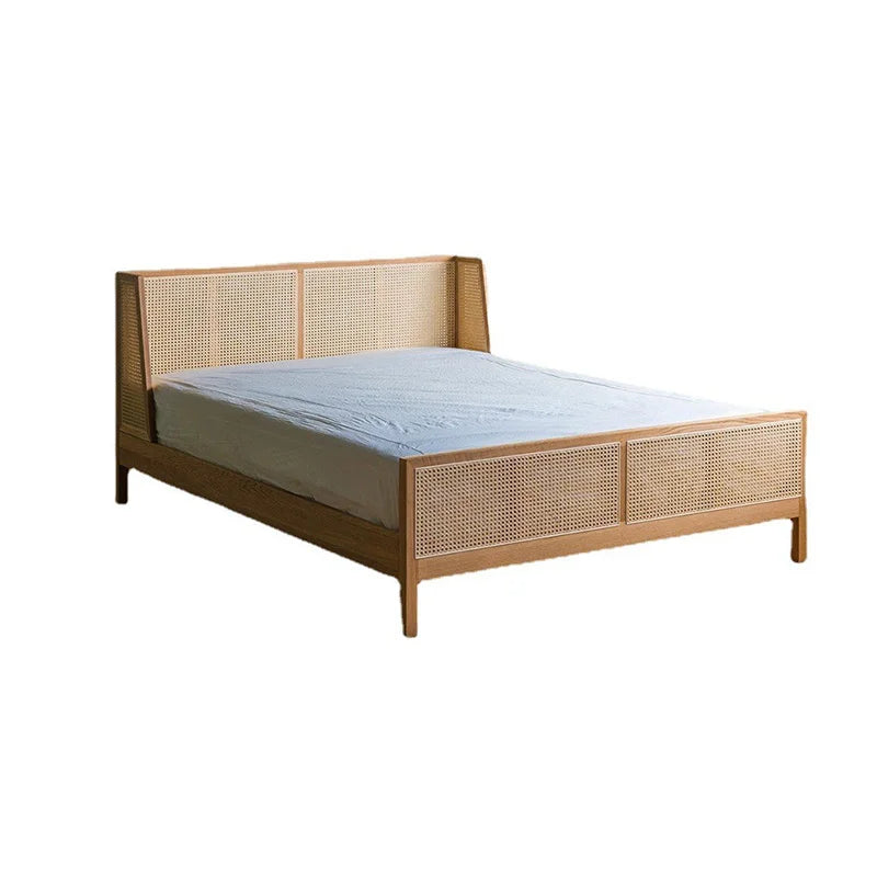 Vine Weaving Bed Japanese Solid Wood Bed Small Family Homestay White Wax Wood Main Bedding 1.51.8m Household Simple Vine Art Bed