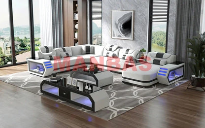 Modern LED Light Genuine Leather Sectional Sofa Set with Storage Shelves, USB Charging Ports, Cup Holder and Contemporary Design