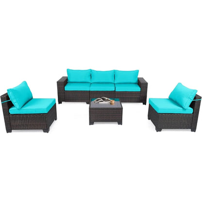 4 Pieces Patio Rattan Furniture Set, Outdoor Wicker Sofa Set with Tempered Glass Coffee Table, Cushions, All Weather Rattan Con