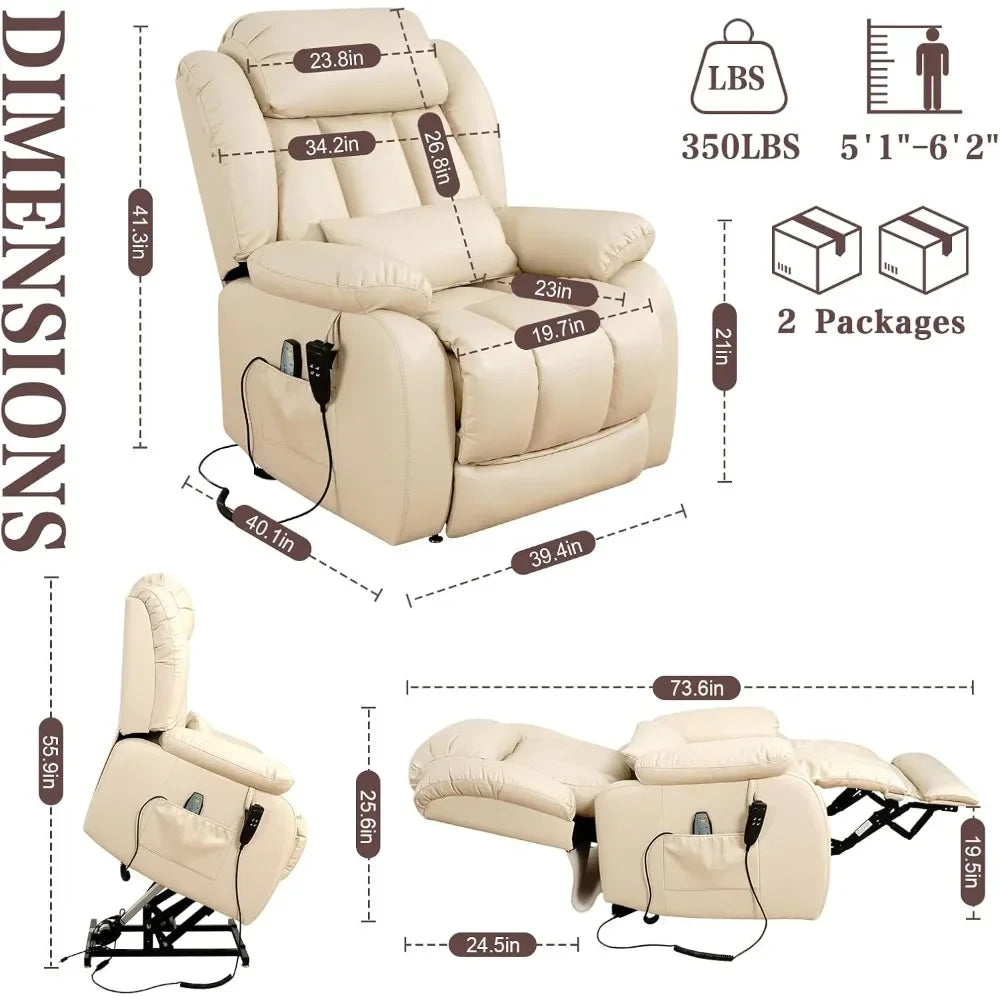 Recliner Chair for Adults, Dual Motor Power Lift Chair, Infinite Position, Lay Flat Lift, Massage and Heating, Exten