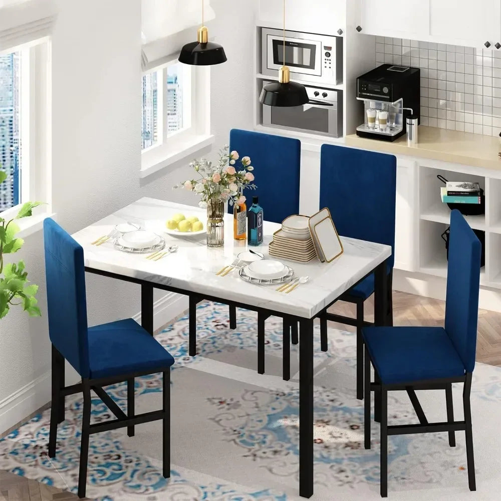 # Hot Sales Dining Table Set For 4- Space And Chairs For 4 Modern Style Faux Marble Tabletop & 4 Blue Velvet Chairs For Dining R