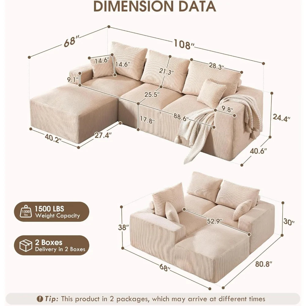 Modular Cloud Sectional Sofa, Comfort Height & Neck Pillow, Modern Corduroy Couch with L-Shape Oversized ChaiseCustomized