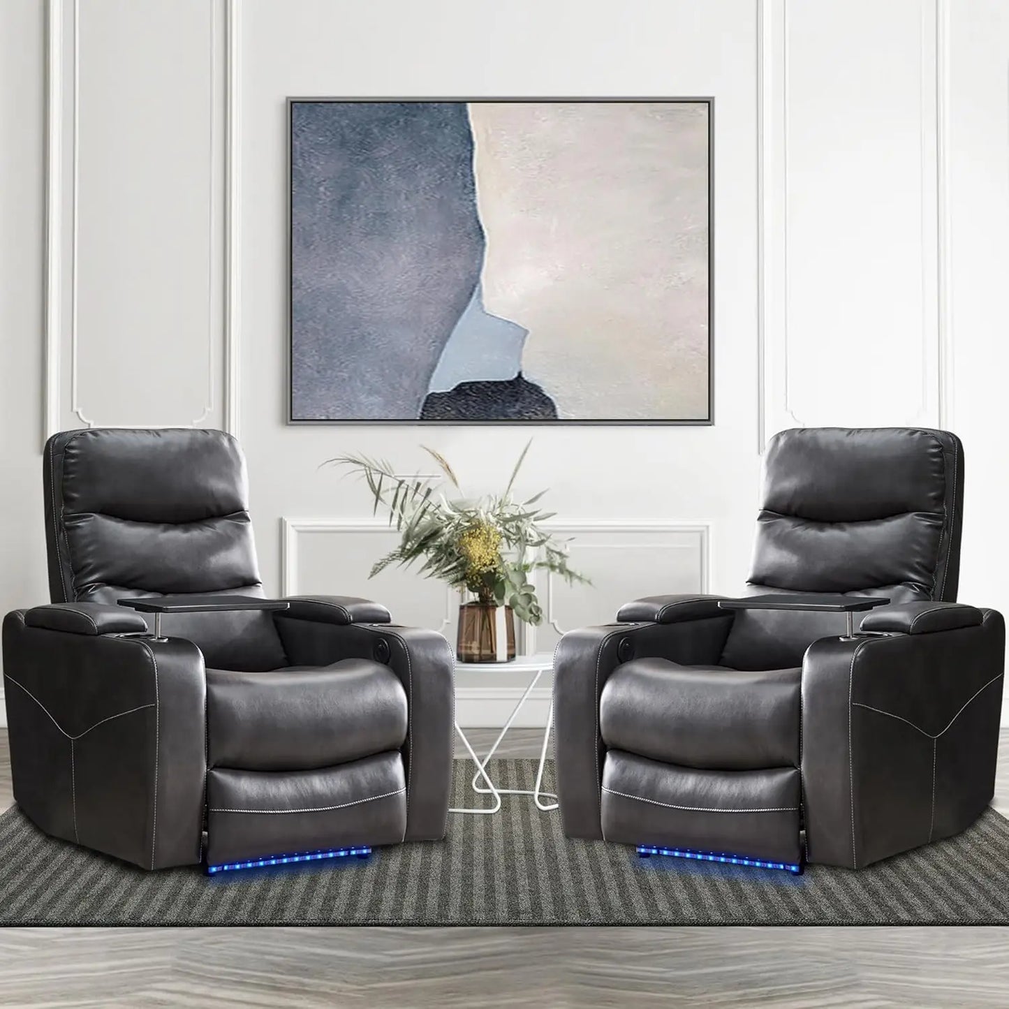 Power Recliner Chair With LED Light, USB Port, Cup Holder Tray Table Faux Leather Electric Reclining Chair Home Theater Seating