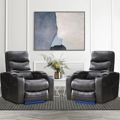Power Recliner Chair With LED Light, USB Port, Cup Holder Tray Table Faux Leather Electric Reclining Chair Home Theater Seating
