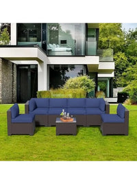 Outdoor Patio Furniture Set, Rattan Sectional Sofa, Conversation Set with Waterproof Cushion and Coffee Table, for Deck