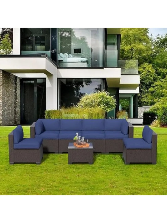 Outdoor Patio Furniture Set, Rattan Sectional Sofa, Conversation Set with Waterproof Cushion and Coffee Table, for Deck