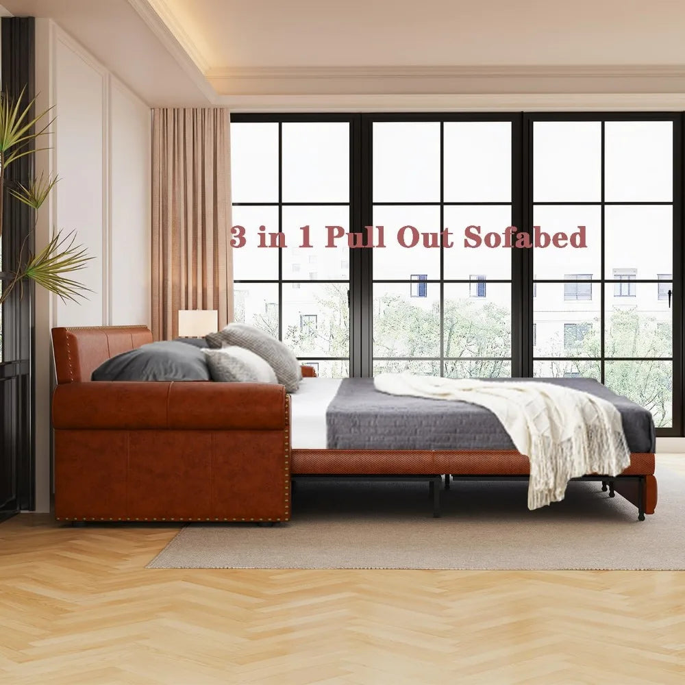 King Size 3 Seater Light Brown Leather Sleeper Sofa with Pull Out Bed and 3-in-1 Convertible Features