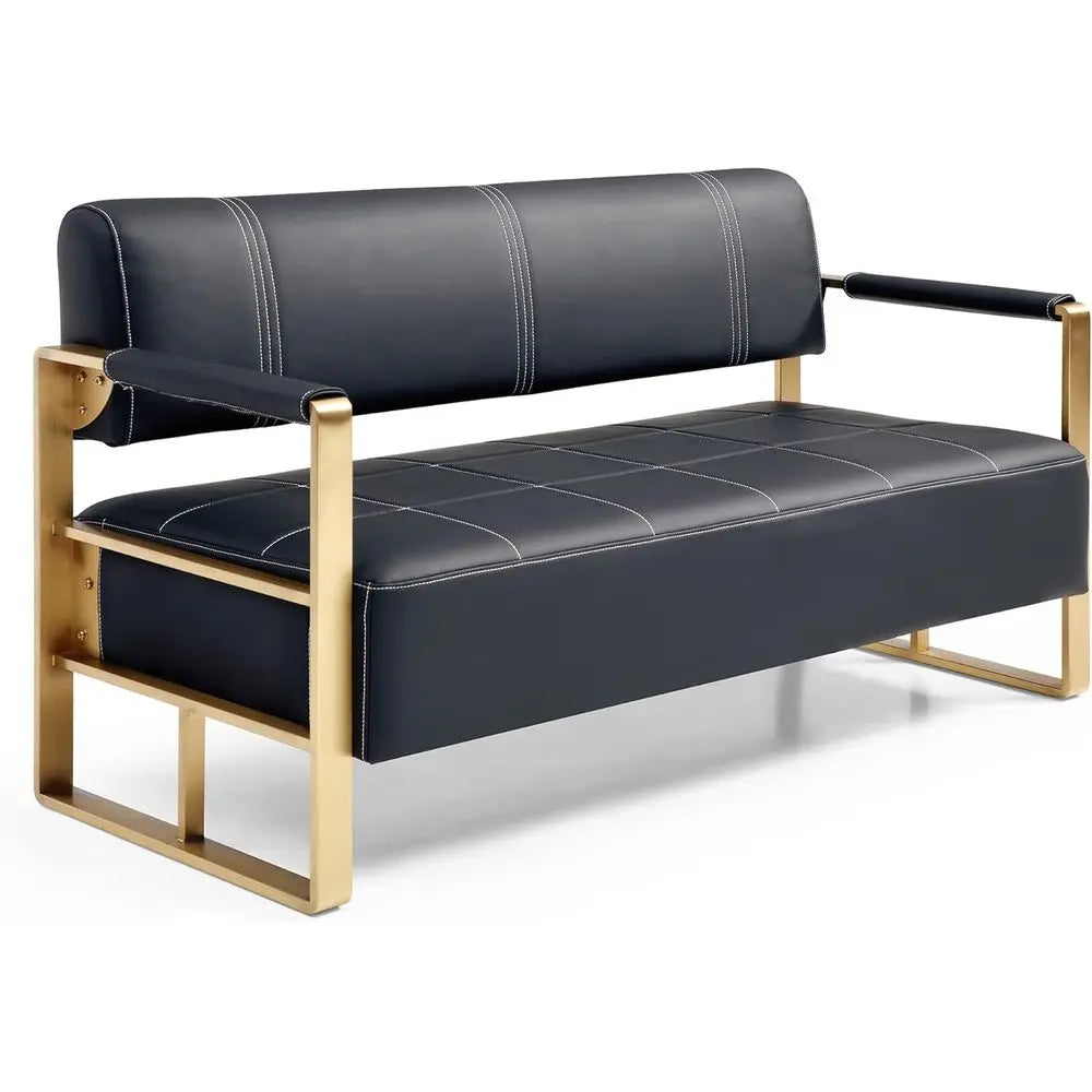 Mid-Century Modern Faux Leather 2-Seater Sofa, 60 Loveseat with Gold Legs for Small Spaces - Ideal for Home, Office (Black)