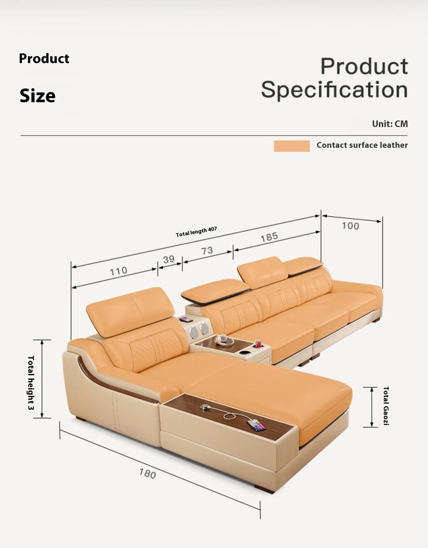 Stylish Italian Genuine Leather Sofa for Living Room with Cup Holder, USB, Adjustable Headrests & Bluetooth Speaker - Lazy Sofa