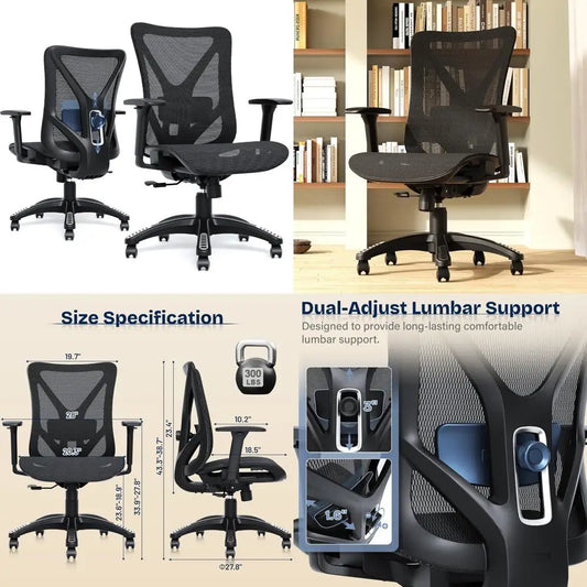 Adjustable Ergonomic Office Chair with Mesh Seat, Lumbar Support, 3D Armrests, and Tilt Mechanism