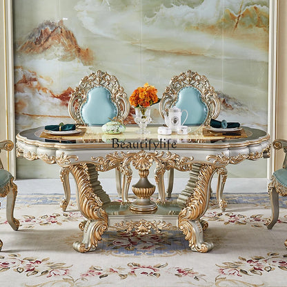 European all solid wood dining table rectangular villa dining table and chair combination champagne color