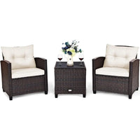 HAPPYGRILL 3 Pieces Patio Conversation Set, Outdoor Furniture Set PE Rattan Sofa Set with Removable Cushions, PE Wicker Chairs w