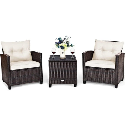 HAPPYGRILL 3 Pieces Patio Conversation Set, Outdoor Furniture Set PE Rattan Sofa Set with Removable Cushions, PE Wicker Chairs w