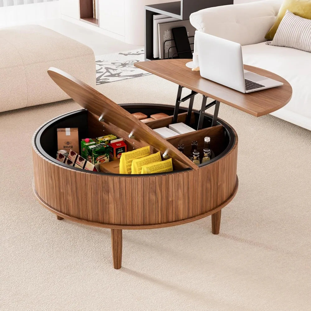 Round trough lift top coffee table with storage space, medieval modern living room coffee table, small family space
