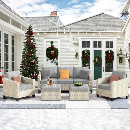 Wicker Patio Furniture Set Modern Outdoor Conversation  Sofa with Cushion and Ottomans for Garden, Poolside, Backyard