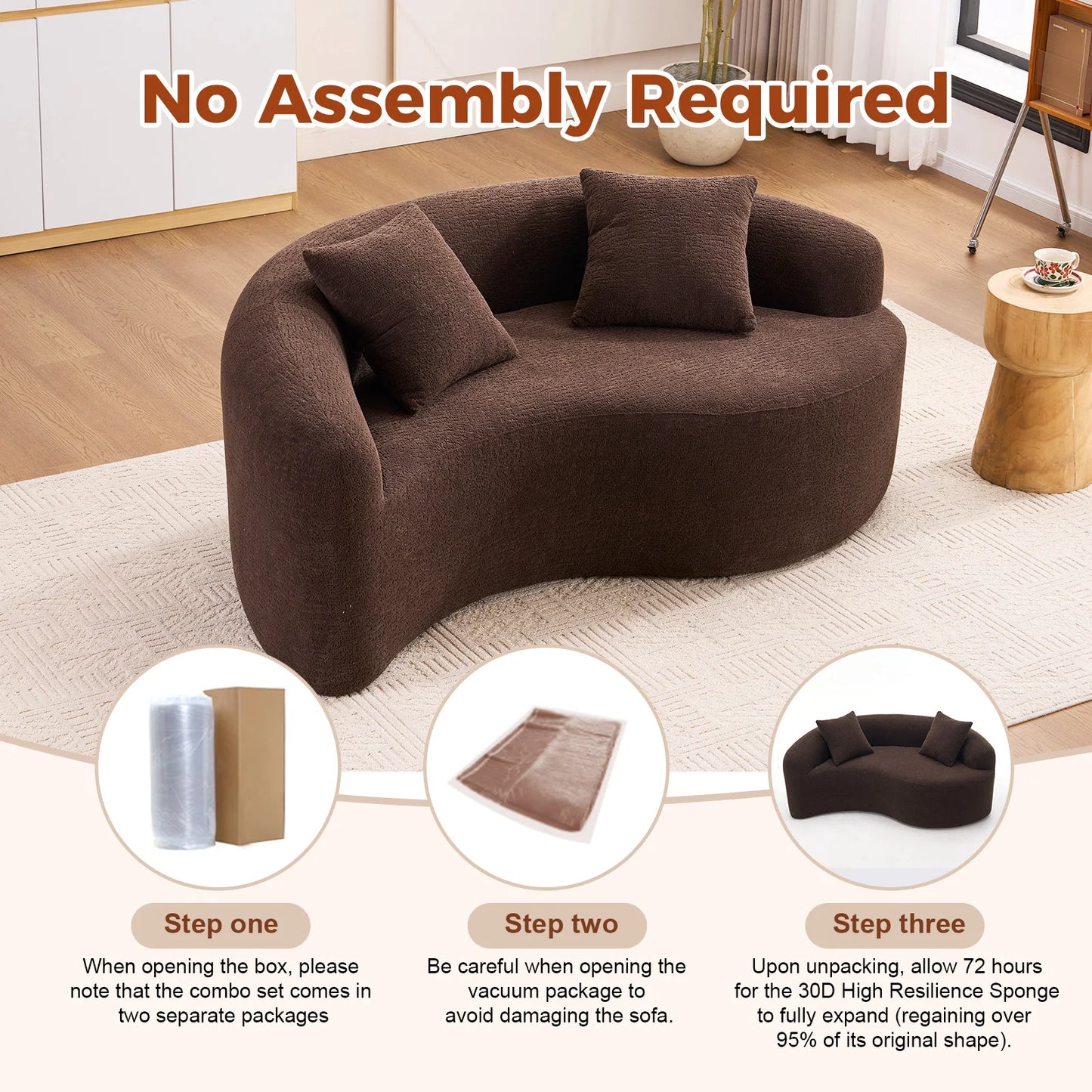 Full Compression Sponge Loveseat S-Curved Dual-Depth Sofa Brown Chenille Modular for Small Spaces & Meditation