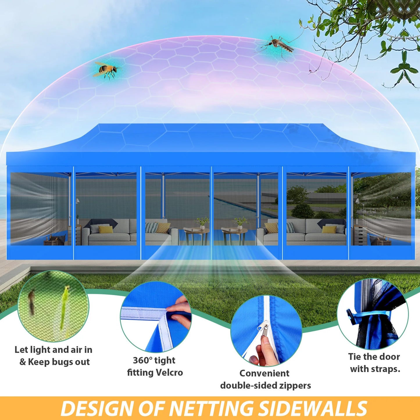 10x30FT Canopy Tent with 8 Sidewalls,Heavy Duty Pop up Canopy Party Tent with Mosquito Netting,Easy up Screen Canopy for Parties