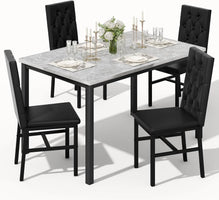 Faux Marble Dining Table Set for 4, Gray Button Tufted Chairs, Kitchen & Dining Room