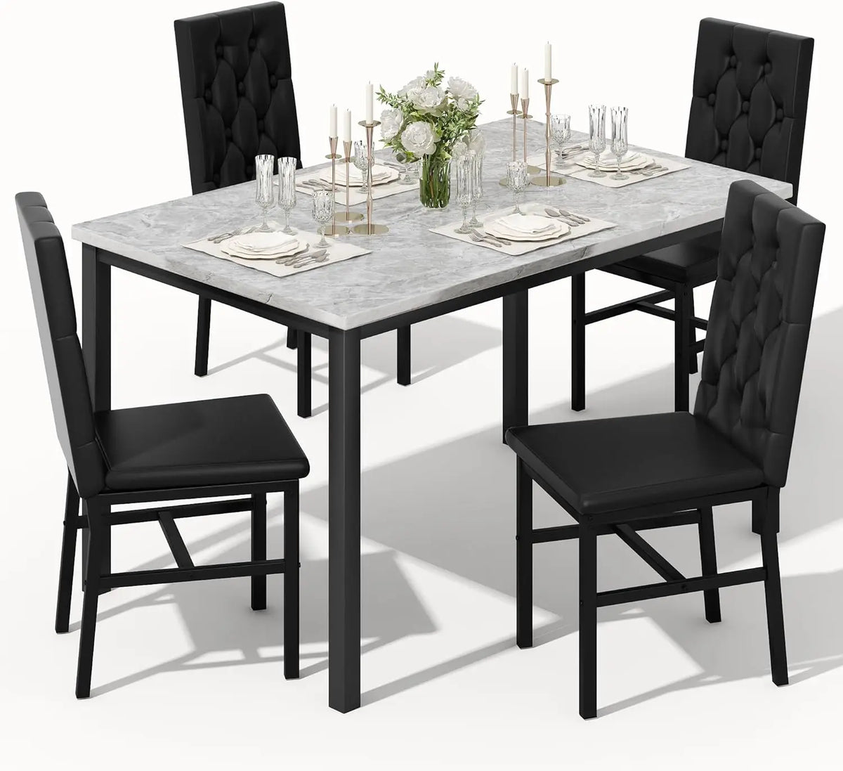 Faux Marble Dining Table Set for 4, Gray Button Tufted Chairs, Kitchen & Dining Room