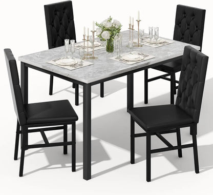 Faux Marble Dining Table Set for 4, Gray Button Tufted Chairs, Kitchen & Dining Room
