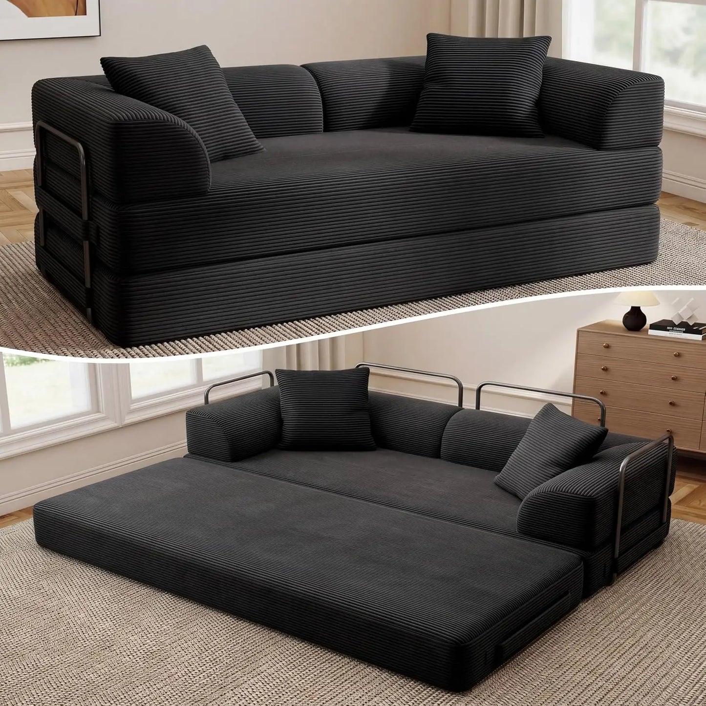 5-in-1 Convertible Sofa Bed Pull-Out Sleeper 70in High-Density Sponge Corduroy Futon Living Room Gray Customized