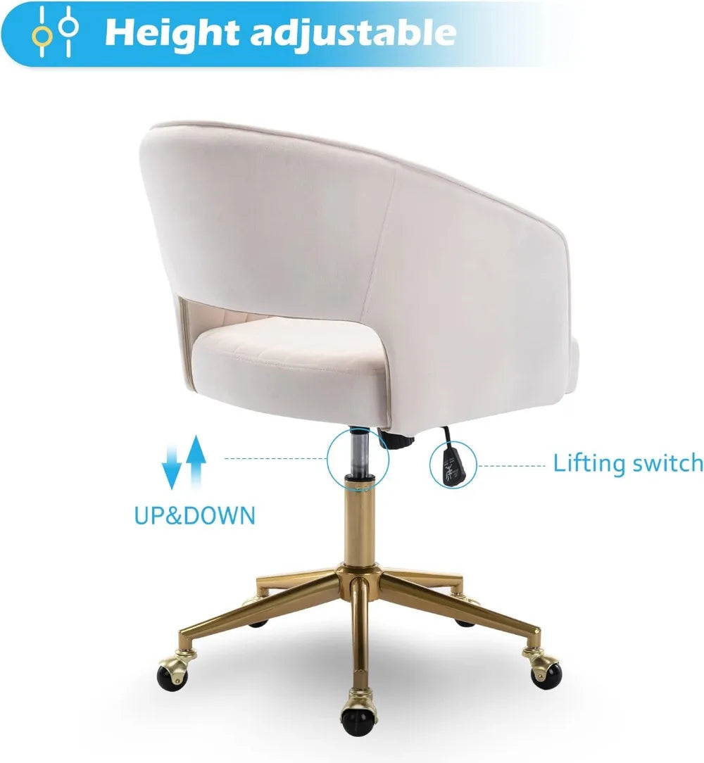 Velvet Swivel Office Chair with Gold Base, Ergonomic Desk Seat for Home Study and Living Room