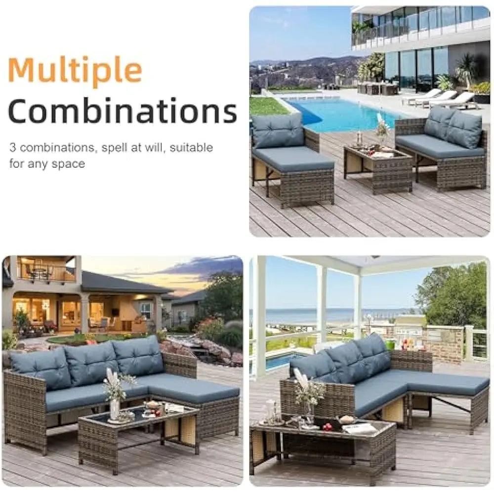 3-Piece Outdoor Patio Furniture Set, Wicker Patio sectional Sets, Rattan Patio Seating Sofas w/Glass Coffee Table and Cushion