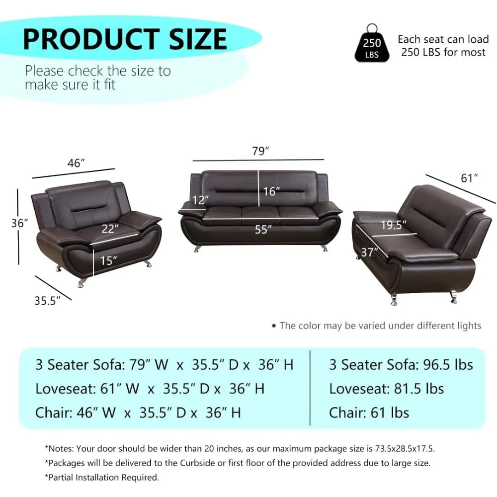 Leather Sectional Sofa Couches, Living Room Furniture Sets, 3 Pieces Modern Couch Set, Faux Leather Sofa Loveseat Chair Set with