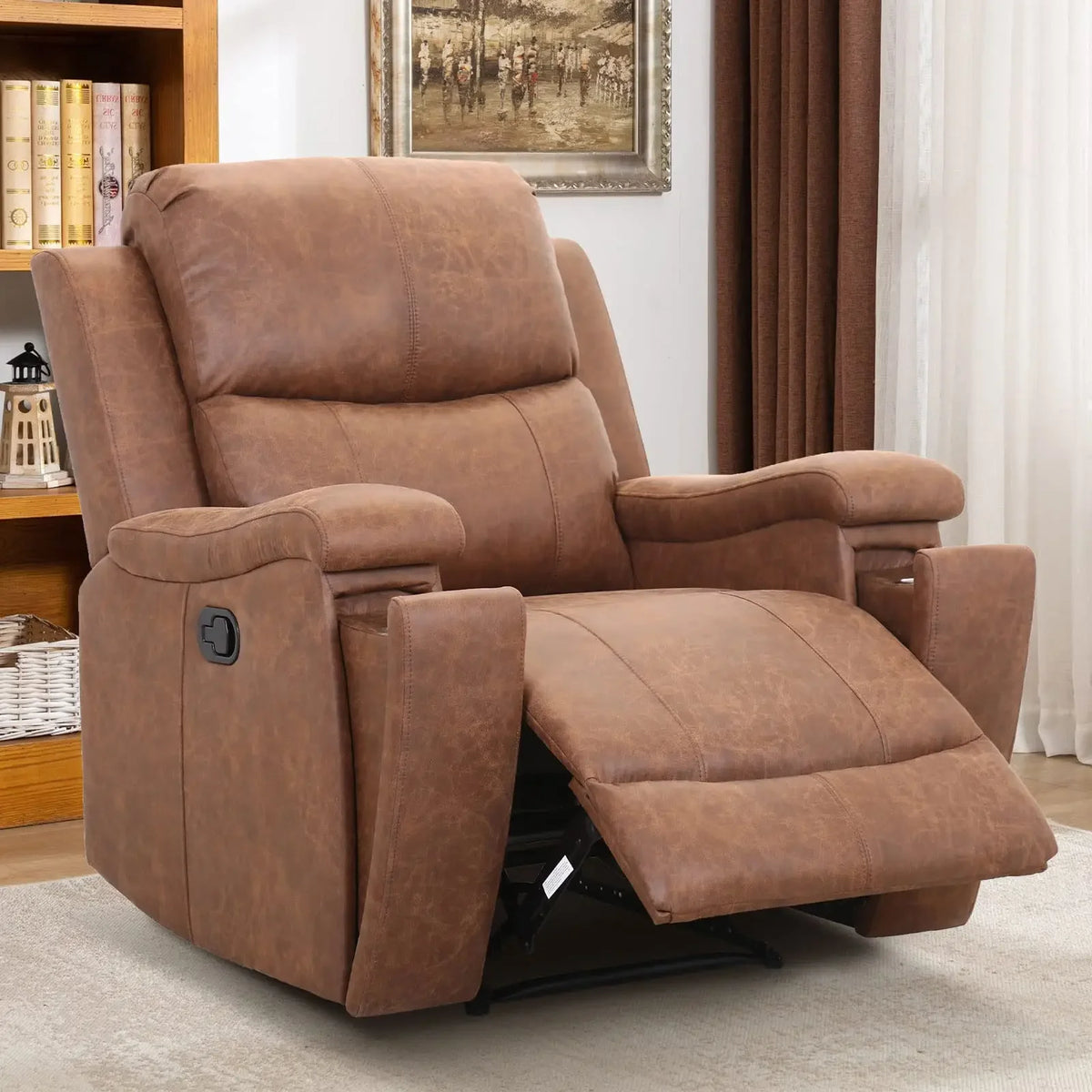 CANMOV Leather Recliner Chair, Classic and Traditional Manual Recliner Chair with Overstuffed Arms and Back, Manual Single Sofa