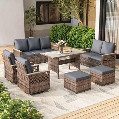 7-Piece Outdoor Patio Furniture Set with Swivel Glide Chairs, Ottomans, Sofa, Loveseat, and Dining Table for All-Weather Use