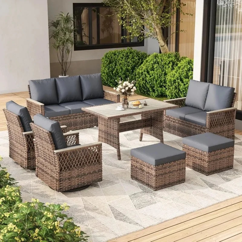 7-Piece Outdoor Patio Furniture Set with Swivel Glide Chairs, Ottomans, Sofa, Loveseat, and Dining Table for All-Weather Use