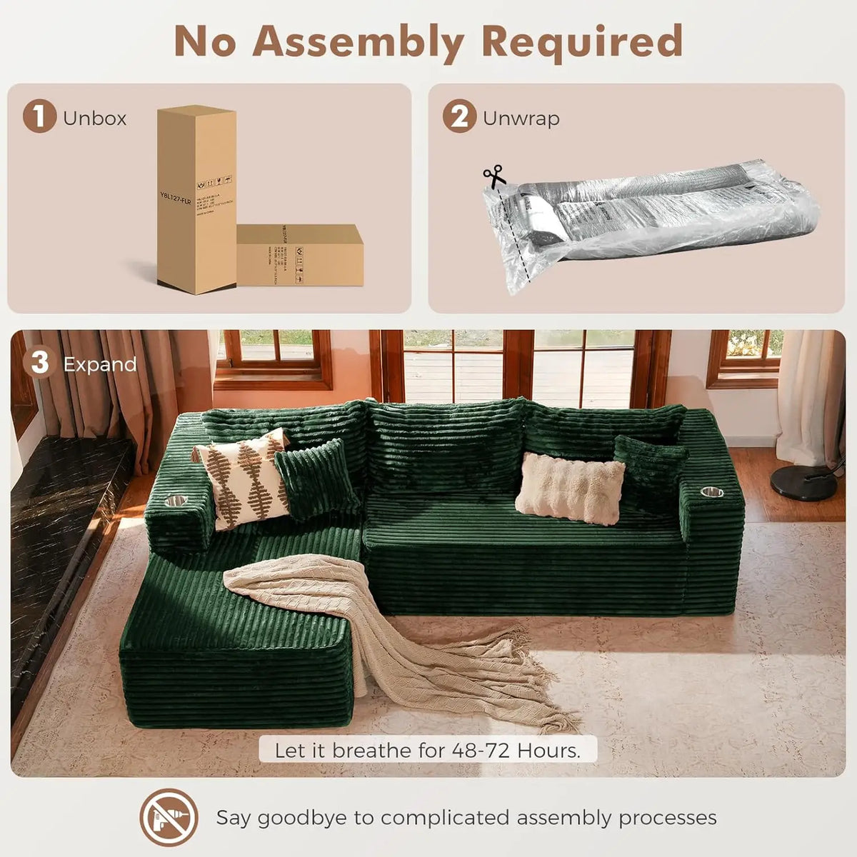 Oversized 108” Boneless Couch, Comfy Cloud Modular Sectional Sofa, L-Shape Sofa with Chaise, Memory Foam, Customized